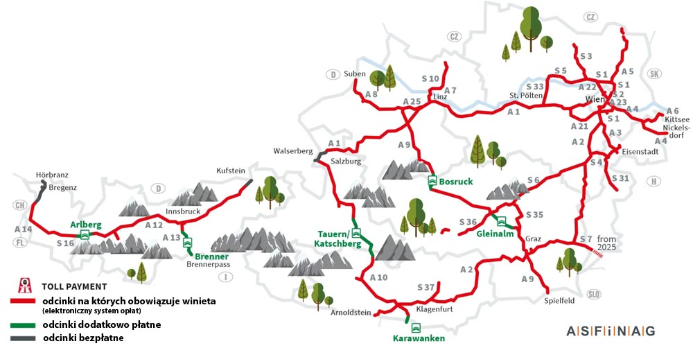 Mapa autostrad w Austrii z zaznaczonymi odcinkami płatnymi oraz dodatkowymi odcinkami płatnymi